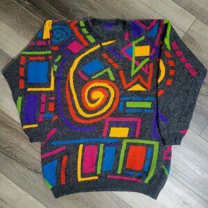 Vintage 90s Geometric Neon Sweater Medium Gray Abstract 90s Maximalist Colourful